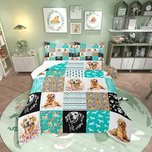 Feelyou Kawaii Golden Retriever Comforter Set - Multi-Size Polyester Fibre Bedding with U-Stitching, Kids-Targeted Dog Paw Quilt, Travel-Ready Farmhouse Flower Animal Duvet Insert for Dog Lovers