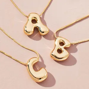 Jewelry - Golden Color Stainless Steel Initial Necklace for Women Girls Chunky Bubble Letter Pendant Necklaces Trendy Collar Jewelry Gift