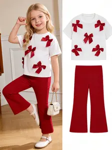 2Pcs Girls Cute Red Bow Short Sleeve Sweatshirt and Flare Pants Set Soft Comfortable Activewear Summer Outfits Set