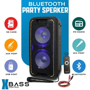 Dolphin SP-210RBT – Dual 10” Bluetooth Party Speaker, 3400W Music Power, X-BASS, WaveSync, Multicolor LED Lights, Guitar & Mic Inputs, Trolley Design with Wired Mic