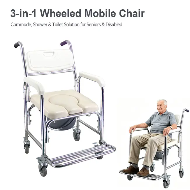 3-in-1 Multifunction Rolling Seat Wheeled Mobile Toilet Commode Shower Chair,  Shower&Toilet Helper with Wheels for Home Use