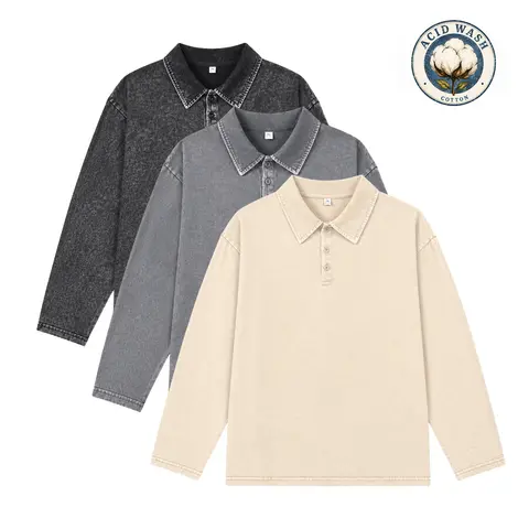 Men’s washed cotton polo shirt with long sleeves, soft, warm, and comfortable, suitable for all seasons, loose fit.