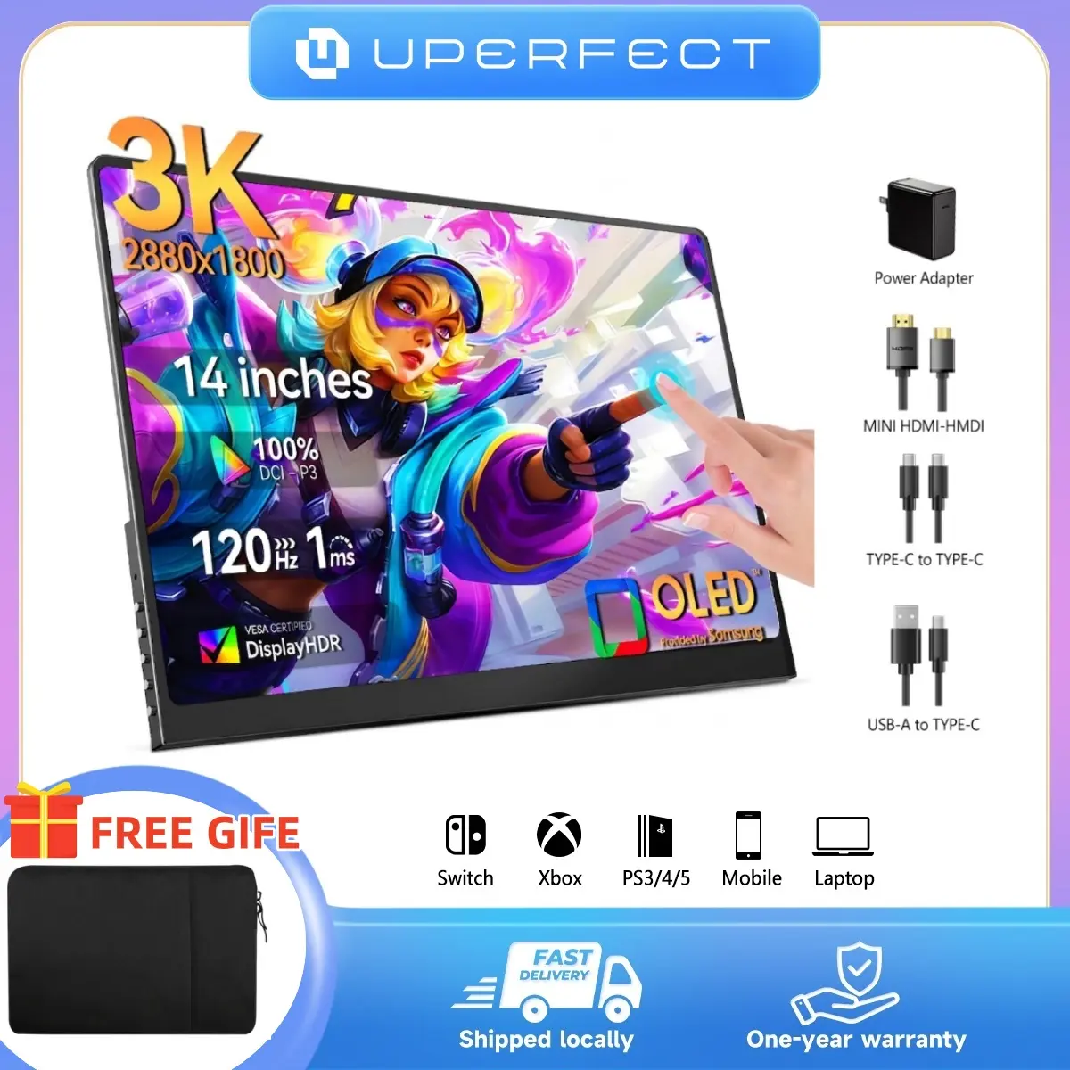 UPERFECT GR14BU 14" 3K OLED Portable Monitor, 120Hz Touchscreen Gaming Display, 109.9% DCI-P3, 149.1% sRGB, Portable Gaming Monitor for Laptop, PC & Console