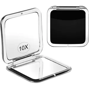 Compact 10X Magnifying Makeup Mirror for Travel, Small Pocket Mirror-Handheld, Foldable & Portable 2-Sided with 10X Magnifying and 1X Mirror for Purses - Square 3.3 x 3.3 inch (Black)