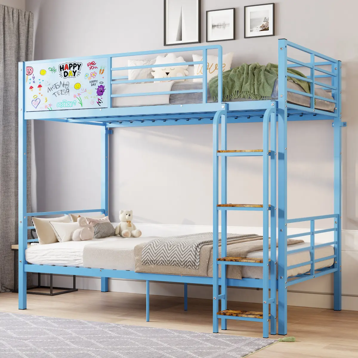 Twin Over Twin Metal Bunk Bed for Adults & Kids, Convertible to 2 Separate Twin Size Beds, Heavy Duty Bunk Bed Frame with Full-length Guardrail & Ladder, No Box Spring Needed, Blue
