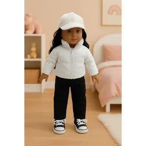 Resilient Girl White Puffy Jacket Set with Black Pants & Baseball Cap & Wig for 18 Inch Dolls Cotton Material Durable Quality