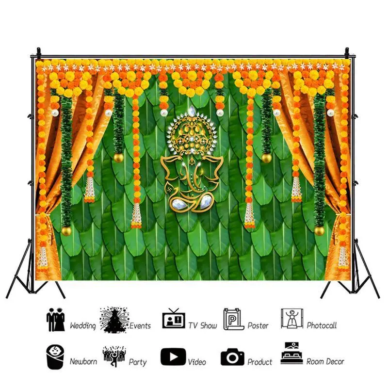 Strong Indian Traditional Marigold & Green Leaf Cotton-Linen Full Print Decorative Flower Garland Tapestry - Multi-Size Cloth Backdrop for Hindu Wedding, Home Decor Photography, Hand Wash