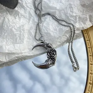 Gothic rose moon necklace for men and women, vintage dark style, trendy and cool, minimalist high street design, couple's pendant