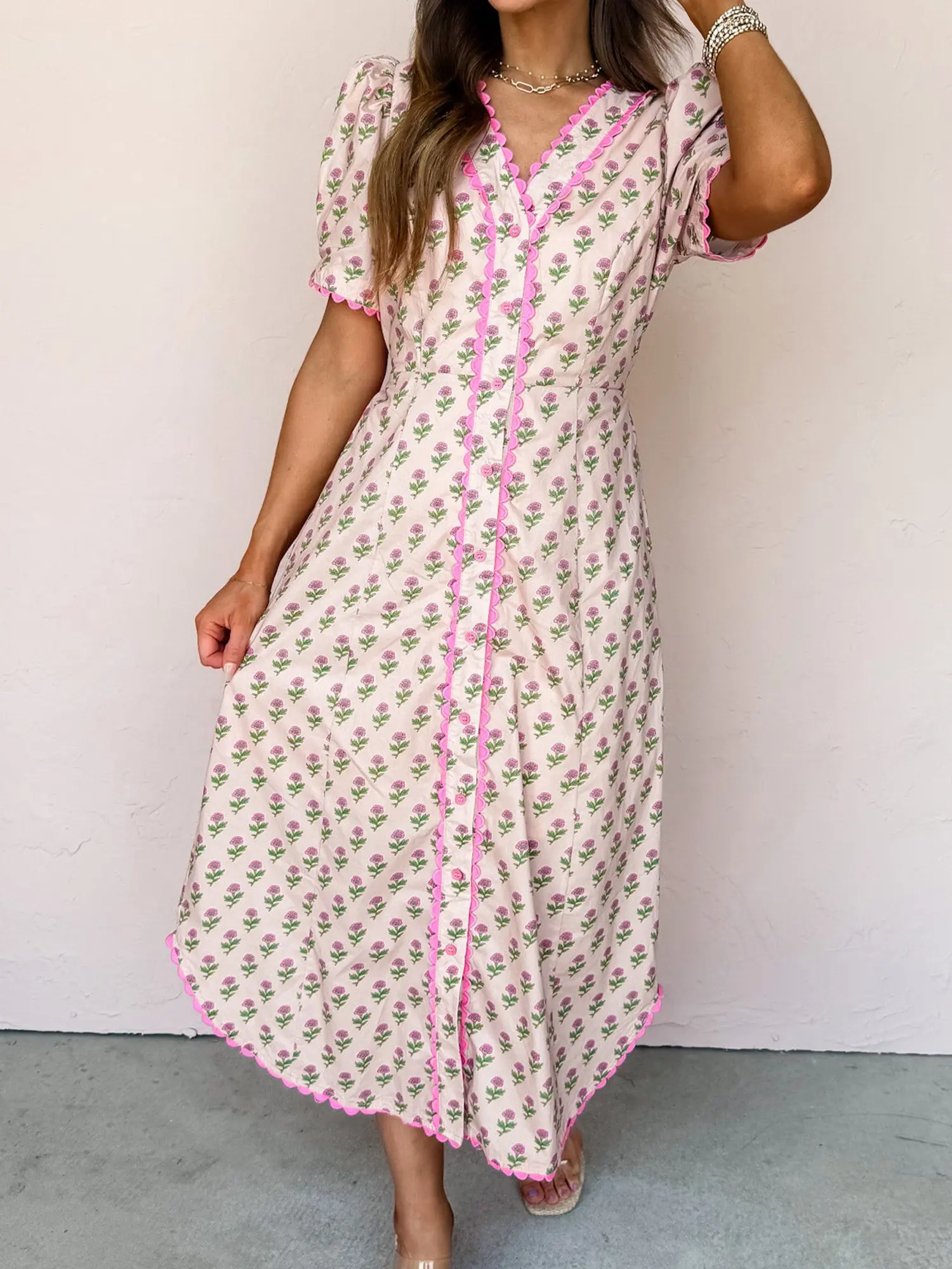 Pink Floral Print Long Dress V Neck Button Front Short Sleeve Maxi Dress with Side Pockets Flowy Scallop Trim Cottagecore Beach Vacation Summer Casual Dress Flattering Lightweight Cotton Sundress for Brunch Dates and Seaside Getaways Fit Chic