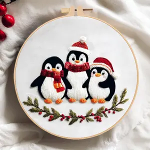 Christmas Penguin Embroidery Kit with English Stitch Instructions DIY Needlework Craft Set for Holiday Home Decor Handmade Art Project