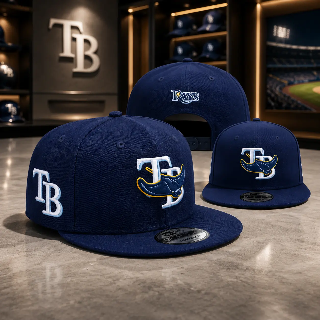 [Hot 2026] Tampa Bay Rays Deceptor 59FIFTY Snapback Hat – Navy Flat Brim Baseball Cap