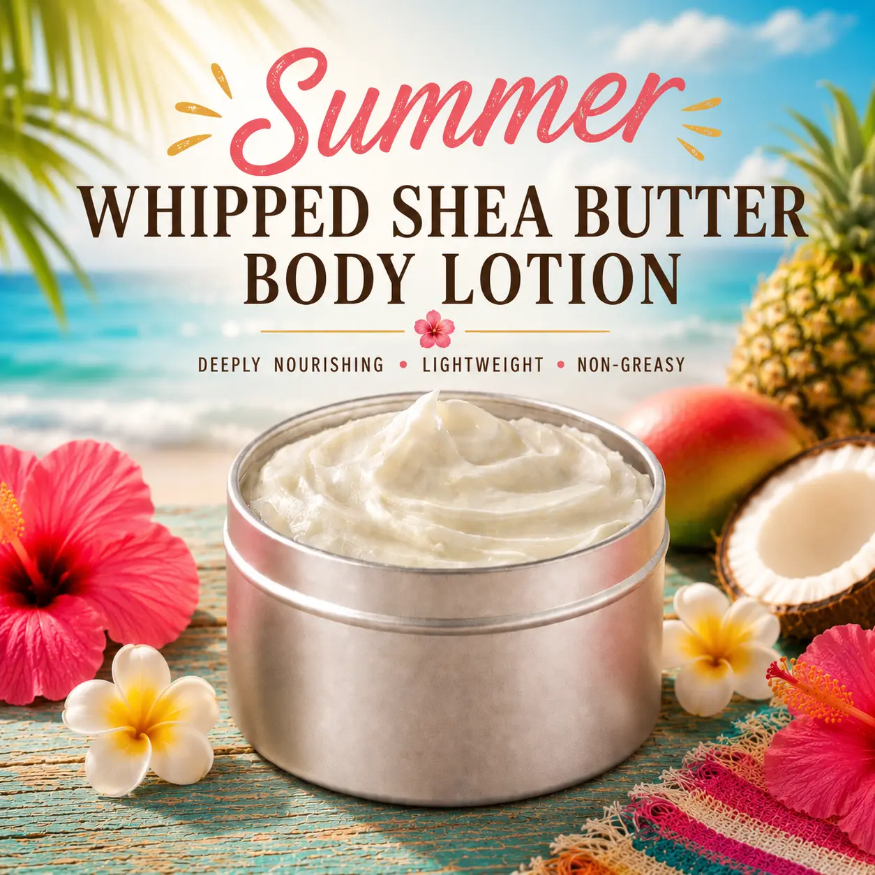 Whipped Shea Butter Body Lotion - Smooth, Fragrance-Infused Moisturizing Daily Body Care for Dry Skin, Tropical Watermelon-Papaya Scented Handmade Summer Cream, Moisture-Boosting Ideal Gift, Handmade Craft, Hydration Boost, Fruit, Beach And Pool Day Moist