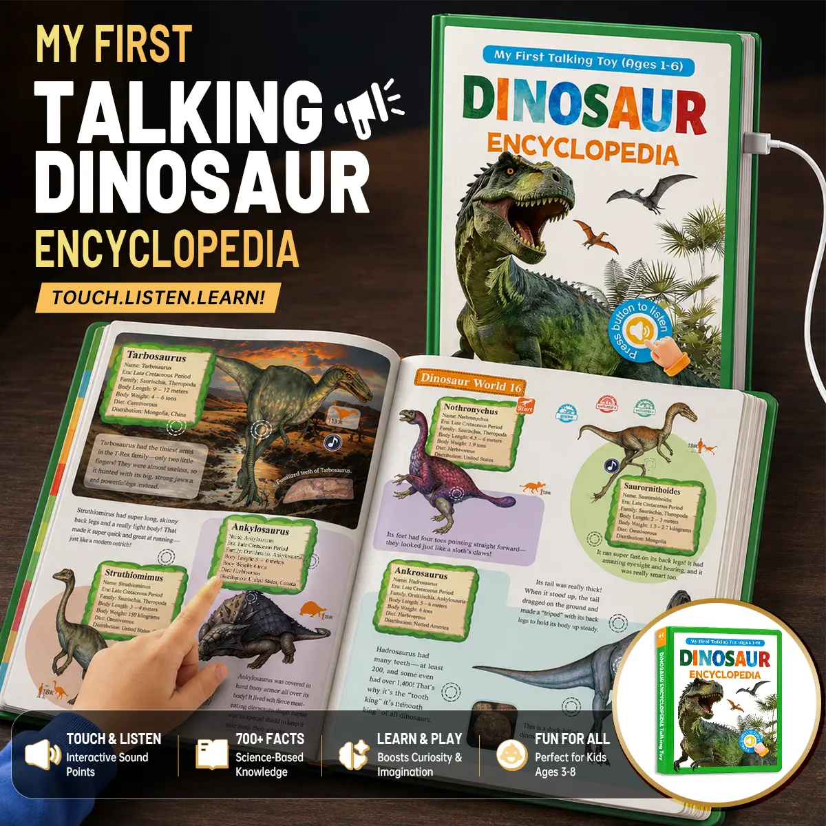 Roaring Dinosaur Sound Toy for Kids – 100+ Dinosaurs & 400+ Interactive Sounds! Touch-Activated Learning Toy That Brings Prehistoric Creatures to Life | Perfect Gift for Dino-Lovers Ages 3-8