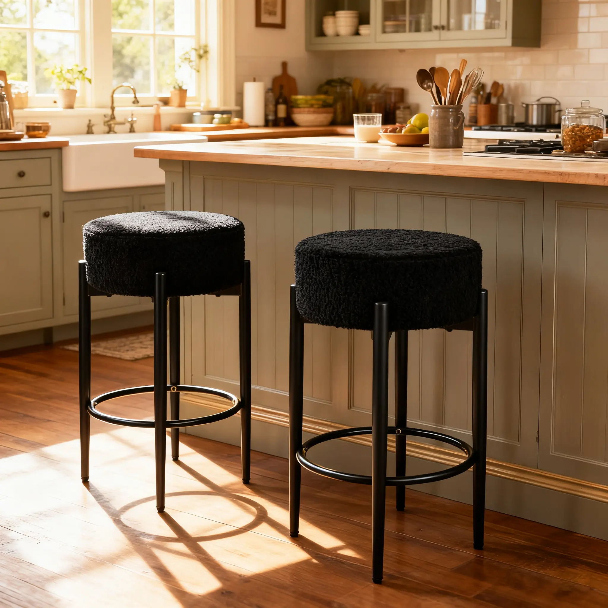 Backless Round Bar Stools, Set of 2, Short 24" High Barstools, Convenient Foot Rest, Linen Boucle Fabric Cover and Thick Sponge Seat for Kitchen, Pub, Island, White tiktokshopspringglowup summerwins