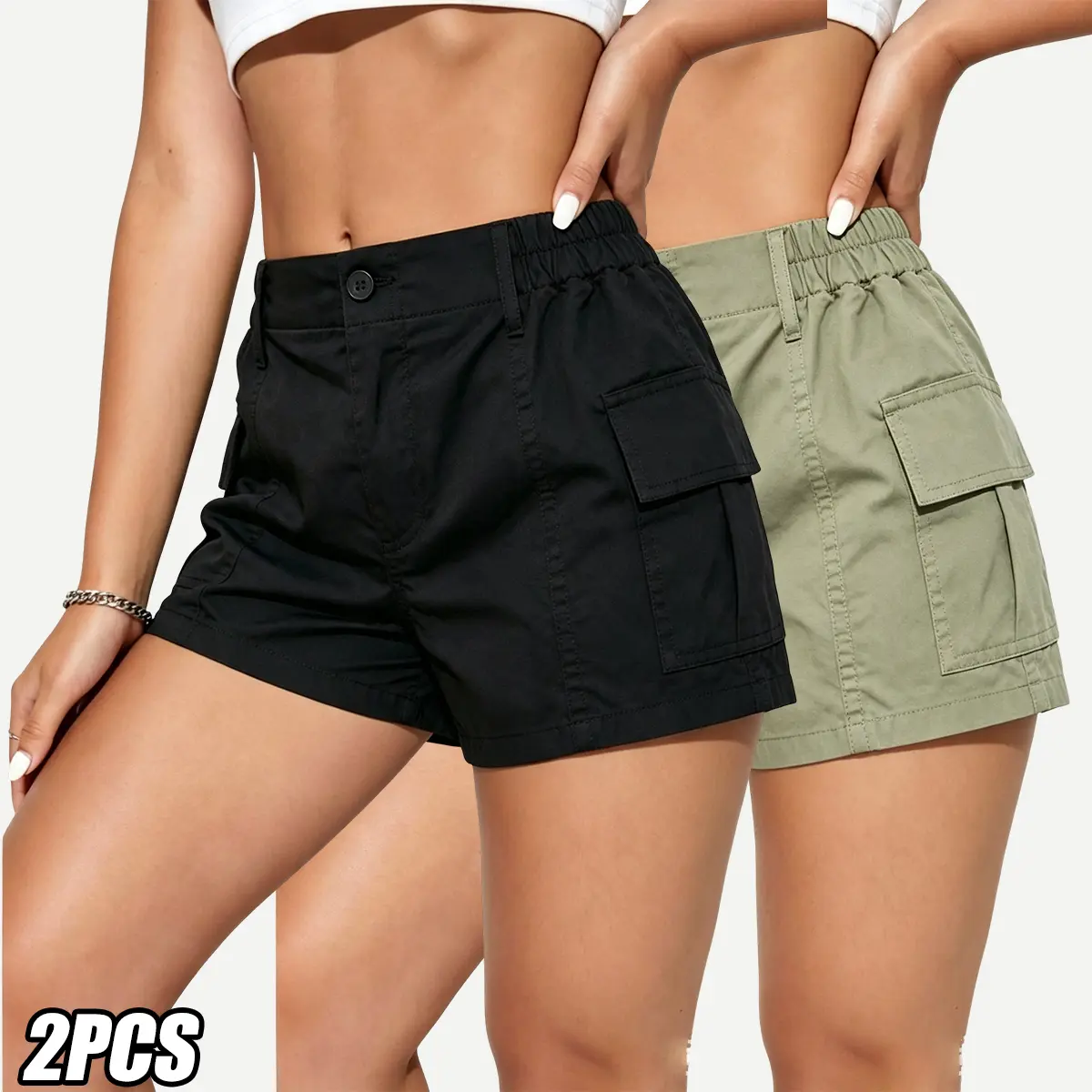 Women's Polyester Cargo Shorts (Set of 2) - Street Style, Wrinkle-Resistant Fabric, Practical Pockets, for Casual Wear, Workouts, shorts for women
