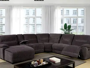 Zuben Gray Chenille Fabric CM6853 6-Pc Sectional Sofa with Recliner and Chaise Modern Living Room Furniture Set