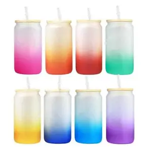 AGH 25/50pcs 16 oz Ombre Frosted Glass Cans  Tumblers with Bamboo Lid Straw Sublimation Blank Wholesale Cold Juice Cup Bottle Containers Drinkware