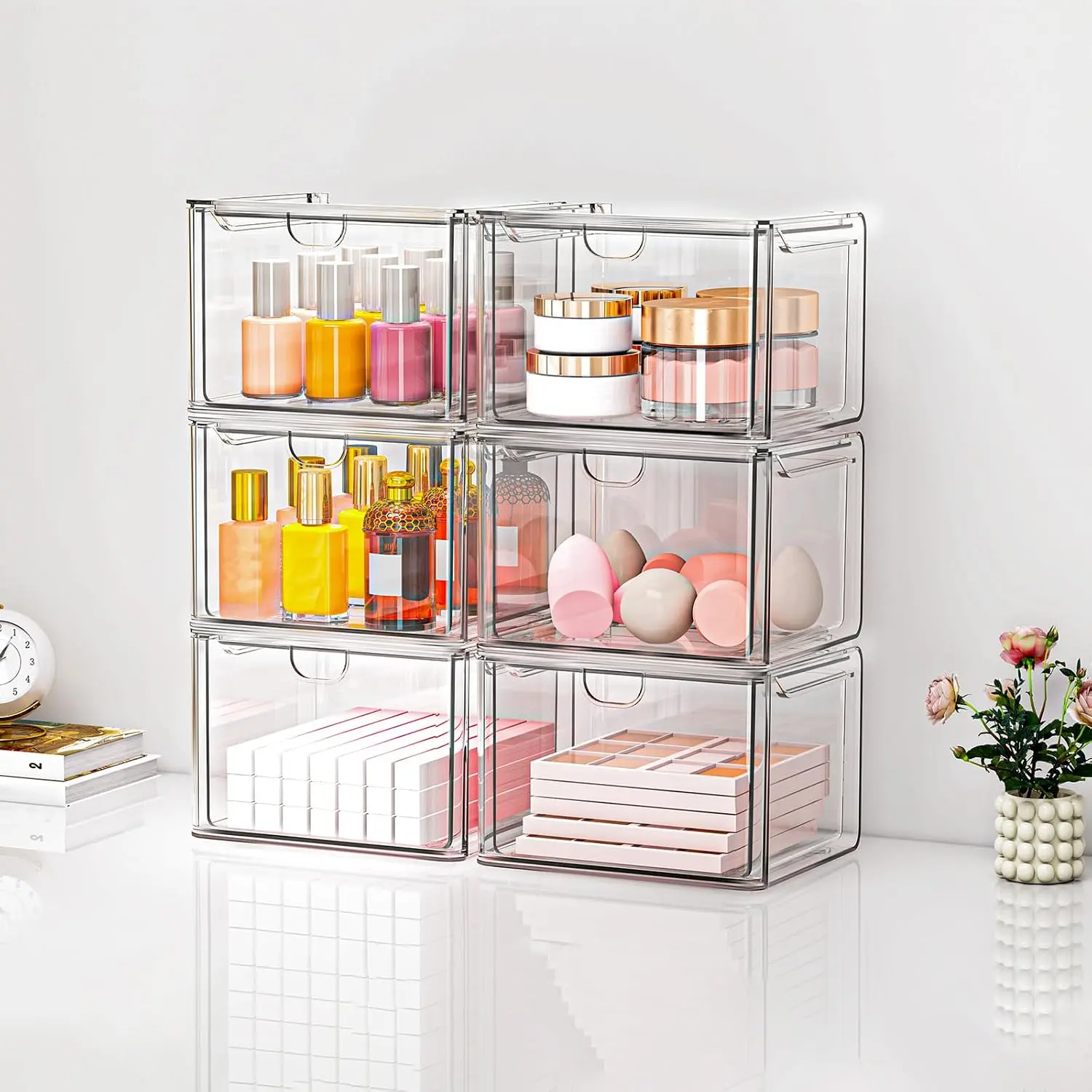 6-Pack Stackable Acrylic Storage Drawer Units, Small Home Organizers with Smooth-Glide Drawers, Clear Dustproof Body, Wipe-Clean Design for Art Tools, Under Sink Storage