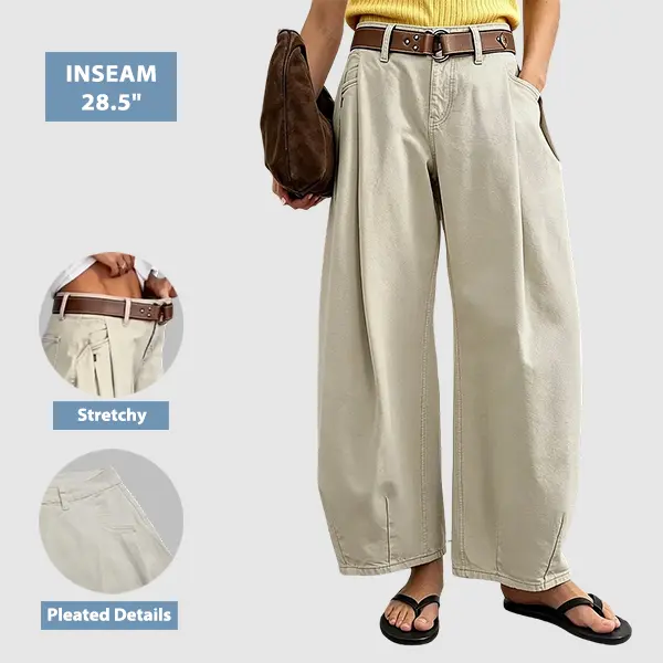 Flamingals Solid Pleated Mid Rise Barrel Leg Pants Without Belt Stretchy 28.5'' Inseam
