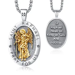 DRINSPER Saint Raphael Necklace 925 Sterling Silver Pendant Golden Processed St Rahpael the Healing Angel Jewelry