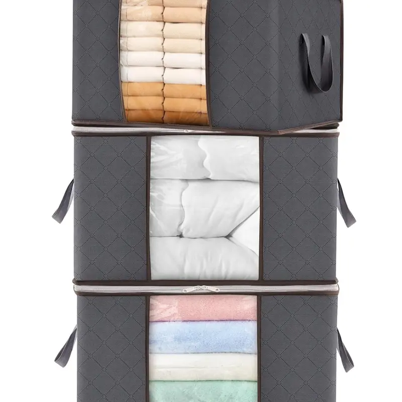 LMMAKE High-Quality Foldable Zipper Storage Bags with Lid - 1PC/3PCS, See-Through Window, Reinforced 2-Layer Handles, Odorless Fabric, Dust Protection, Space Saving Zip Closure Organizer for Bedroom Closet (Easy Access Design)
