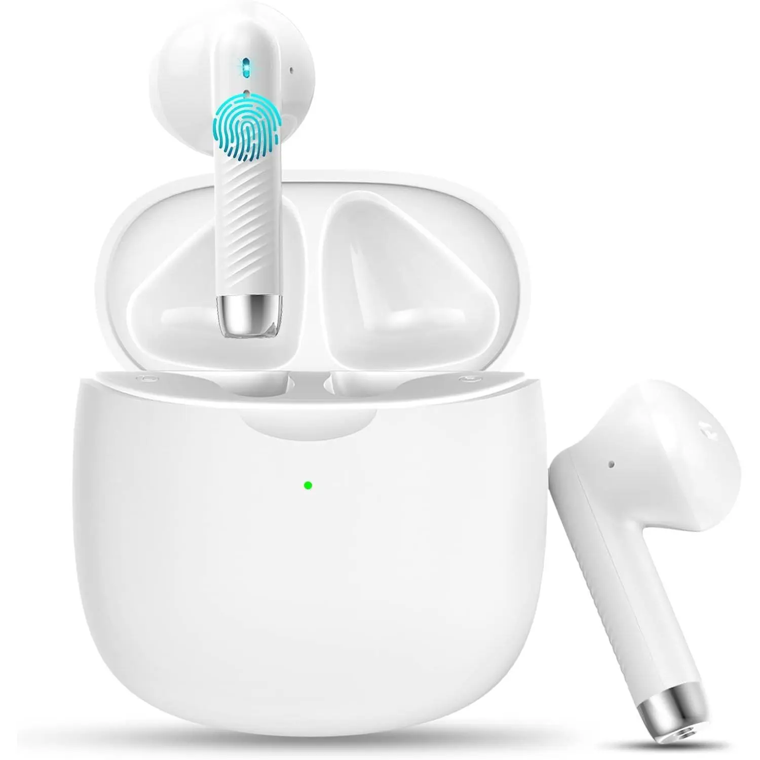 P-HPS02 Wireless Rechargeable In-Ear Audio Earbuds, Bluetooth 5.3 Noise Cancellation Headphones with Mic, Stereo Bass, IP7 Waterproof Workout Earphones, 32H Playtime, USB-C Fast Charging, 1.0 Hours Quick Top-Up, White for Android iOS Devices, Portable