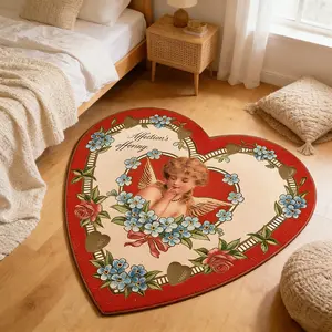 Vintage Heart-shaped Cupid Rug, Vintage Floral Rug, Retro Angel Archery Pattern Bedroom Side Carpet, Soft Absorbent Machine-washable Living Room Decor Rug, Home Decor Mat with Distressed Retro Design