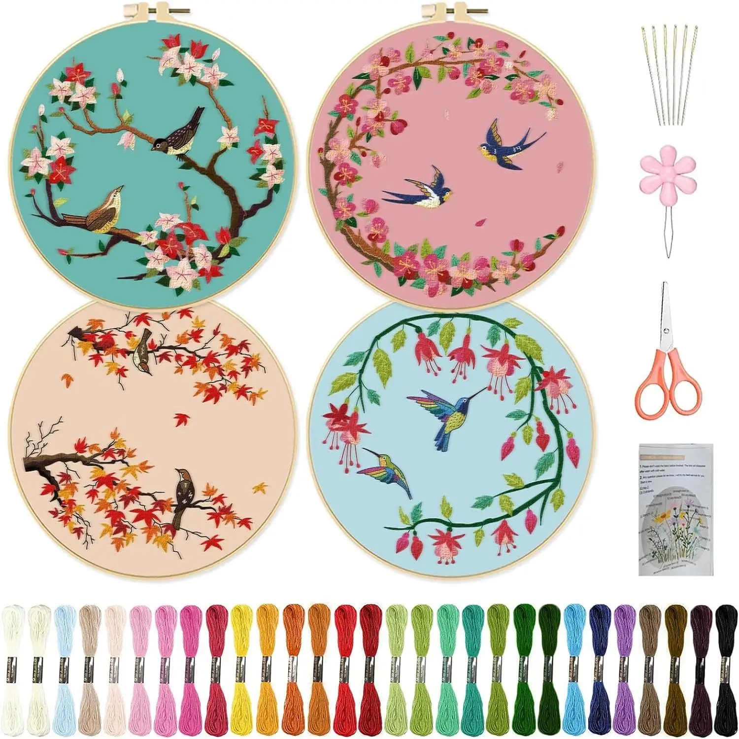Flower & Bird Pattern Embroidery Kit, 4pcs/set DIY Embroidery Set With Accessories, Embroidery Starter Kit For Beginner