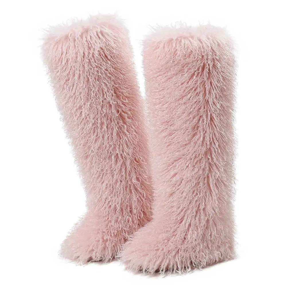 Women's Winter Warm Faux Fur Round Toe Plain Low Heel Knee-High Pull-On Boots - Chic, Flat Sole Comfort Footwear for Winter Outfits