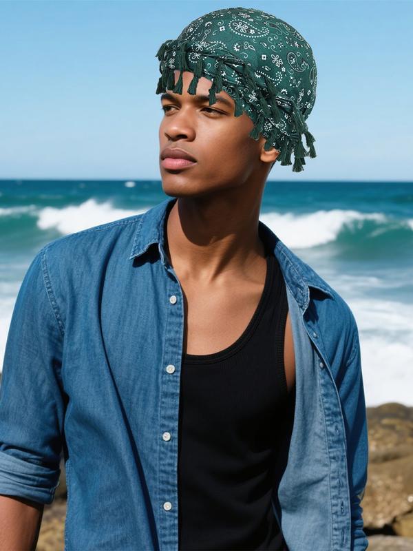 Men's Turban, Unisex Paisley Print Double-layer Turban with Unique Braided Design, Versatile Headwrap for Casual & Outdoor Activities, Black / White, Tassel Design Turban