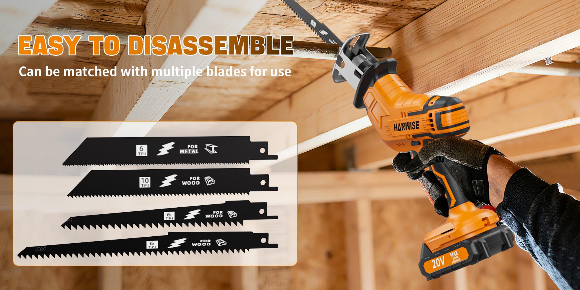 HANWISE cordless electric reciprocating saw, equipped with blade set, suitable for cutting wood/metal/PVC, with multiple functions, suitable for woodworking and home repair tools