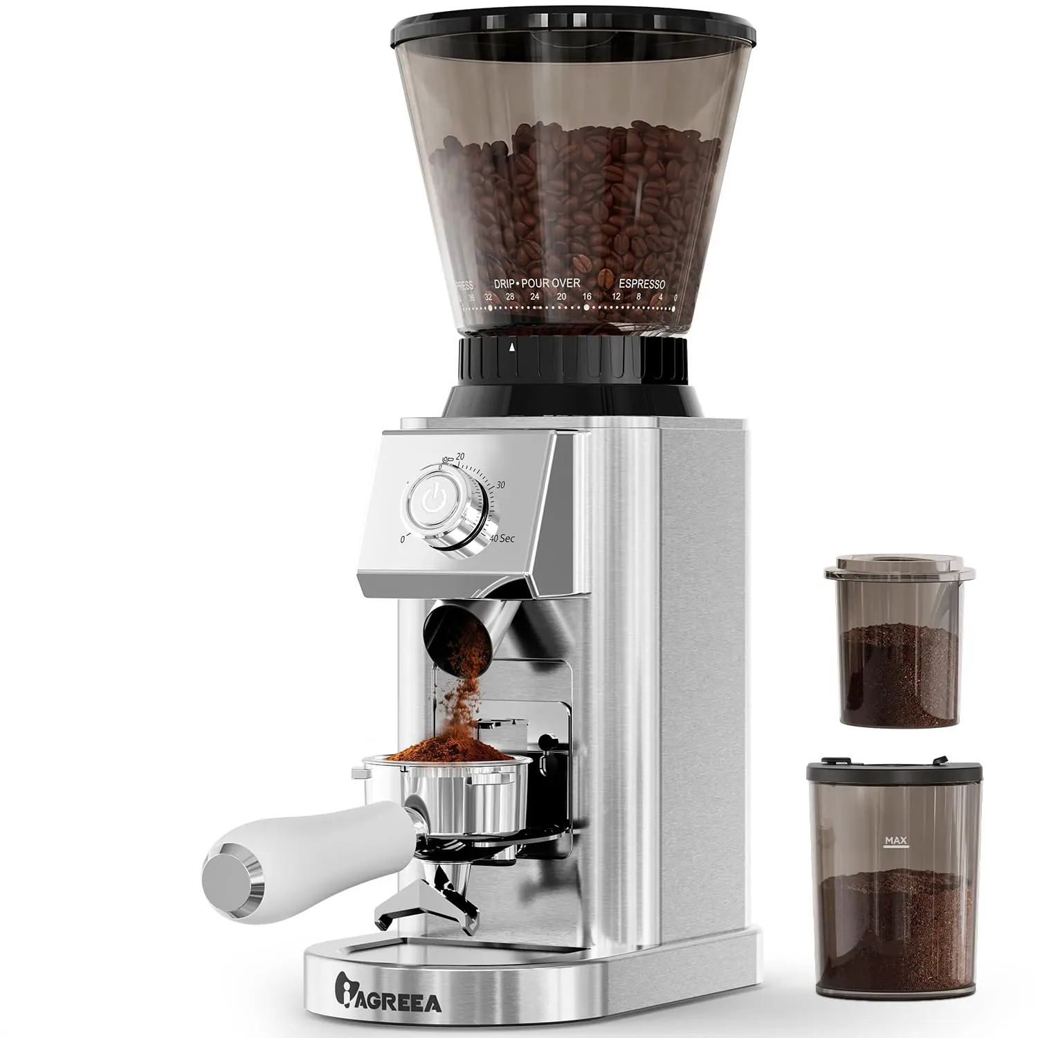 IAGREEA Conical Burr Coffee Grinder, 48 Grind Settings, 450RPM Low-Speed Anti-Static, Precision Timer, Portafilter Holder for Espresso, Drip, French Press, Cold Brew, Stainless Steel, Coffee Brewing Accessories, Home Coffee Tool
