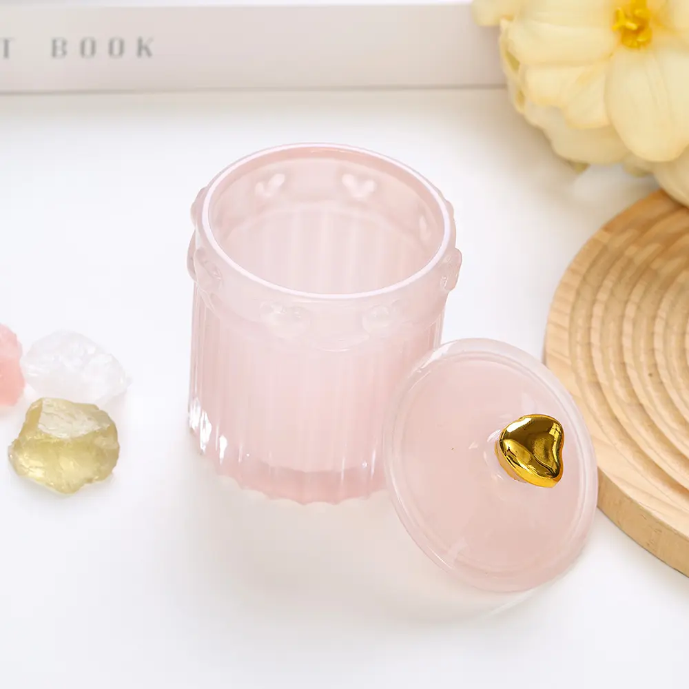 1 Pink Heart Frosted Glass Storage Jar with Gold-Embossed Airtight Lid, Soft Instagram-Style Light Luxury Aesthetic, Vertical Embossed Heart Decor, Dustproof Moisture-Resistant, Ideal for Vanity Makeup Tool Storage