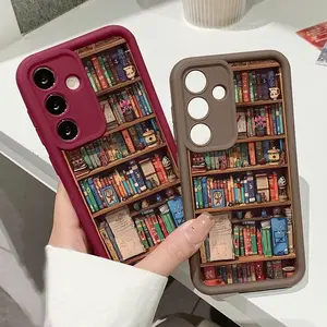 Phone Case Compatible for Samsung Galaxy S23Ultra S24 Plus S25 S22+ Cartoon BookshelfPattern TPU Silicone Camera Protective RuggedCellphone Cover Protection Protector