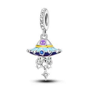 MULA 925 Sterling Silver UFO pendant | Sci-fi alien spaceship charm with enamel and zircon | Cosmic jewelry for space lovers | Perfect for Pandora bracelets and necklaces | Perfect gift for sci-fi fans