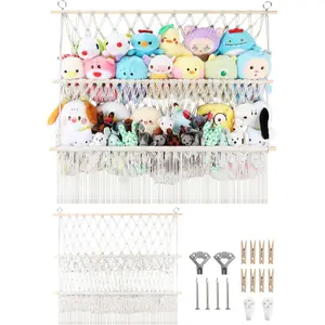 2 Tier Stuffed Animal Storage Shelf Net, 35x30'' Large Plushie Net w/ 2.4/1'' Dense Mesh for Mini Medium Stuffy Teddy, Beige Boho Macrame Toy Holder Display w/ Lights&Clips for Nursery Kid Girl Boy