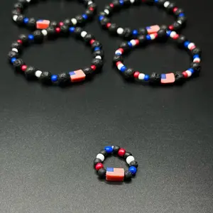 USA Flag Beaded Stretchy Ring - Patriotic Design with American Flag Beads on Stretchable String