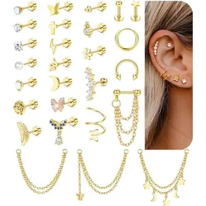 27 Pcs Flat Back Earrings Hypoallergenic Surgical Steel Cartilage Stud Earring Stacks Set for Mutiple Piercing Dainty Chain Dangle Conch Tragus Daith Helix Piercing Jewelry for Women Men Trendy 16G
