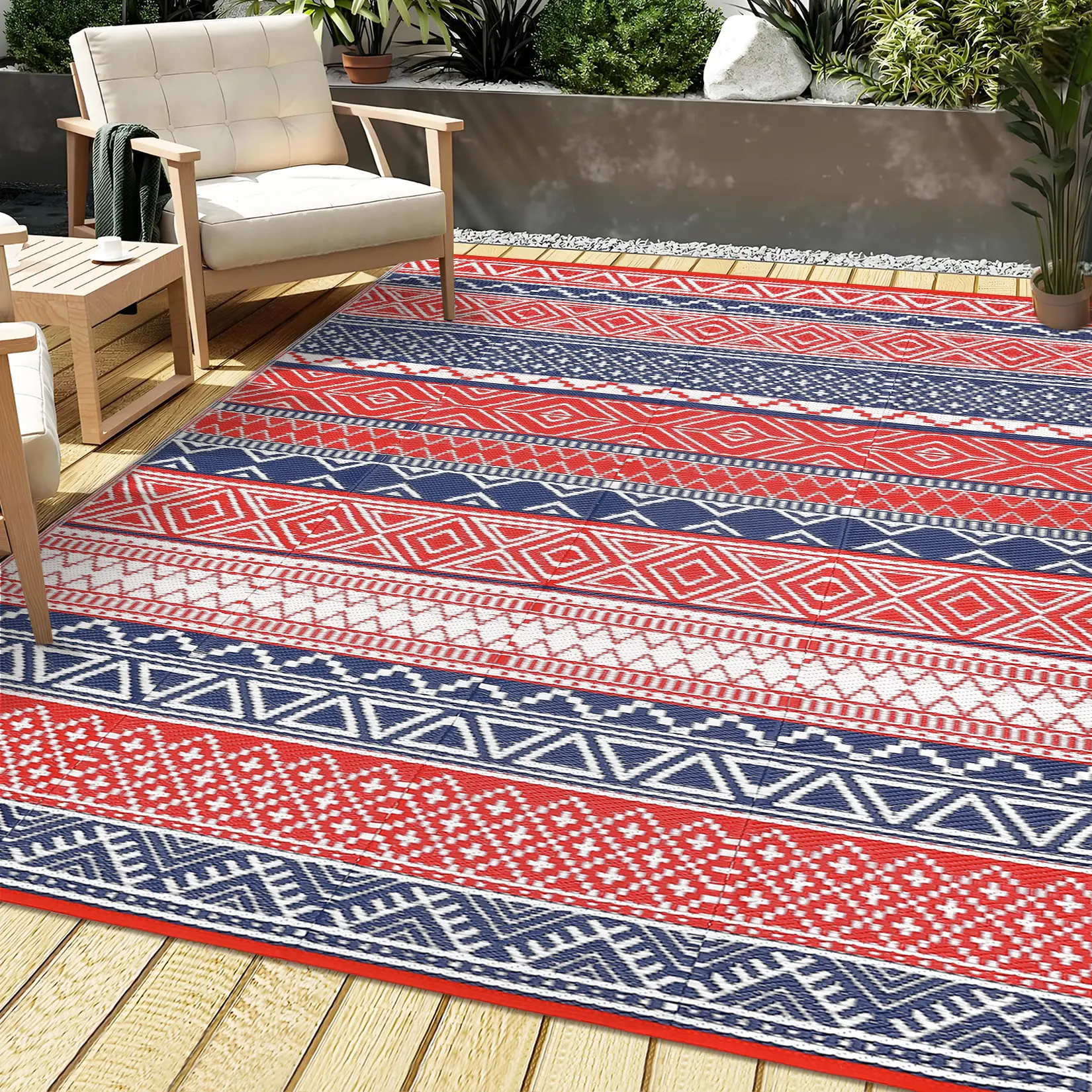 Outdoor Waterproof Rug Bohemian Style Rug Modern Striped Outdoor Rug Plastic Straw Rug Double-sided Reversible Rug for Patio Balcony Deck Beach RV