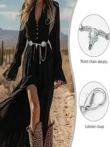 Western Cowboy Style Belt Chain for Women, Vintage Metal Cow Head Horse Head Decorative Statement Belt, Adjustable Turquoise Inlaid Belt Chain, Stylish Belts