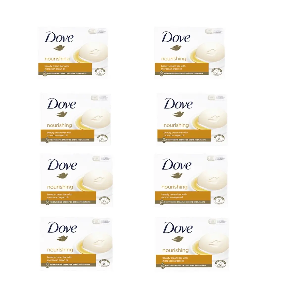 Dove Nourishing Beauty Cream Bar with Moroccan Argan Oil - 8x90g Organic Gentle Hypoallergenic Moisturizer for Skin Repair, Moisture Boost, Anti-Acne Support, Brightening, Water-Rich Protection, Body Care