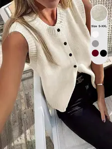 Women's Knitted Vest Top Casual Style Single Button Design, Elegant Loose Fit Sweater Tank Top, Versatile Summer Fashion