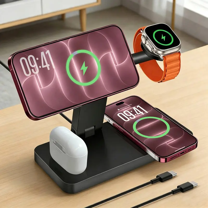 Traveling Wireless Fast Charging Station, Foldable 4 in 1 Magnetic Wireless Charger Stand for iPhone Duo 18 17 16 15 14 13 12 Series, Apple Watch & Airpods