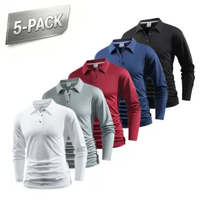 5-Pack Men’s Solid Color Long Sleeve Polo Shirts, Slim Fit, Breathable, Business/Golf/Commuter Basic Turn-Down Collar Tops