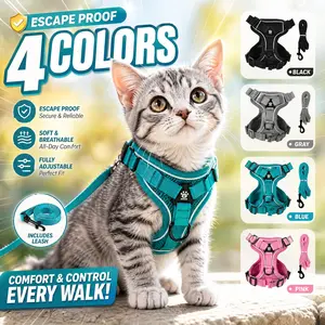 Cat Harness Leash Set, Breathable Mesh Reflective Anti-Slip Adjustable, Suitable for Small Medium Cats, Daily Walks Outdoor Night Safety