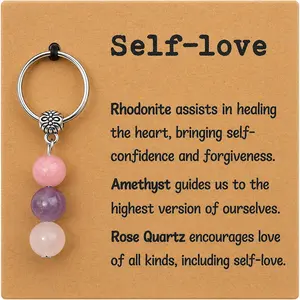 Self-Love Natural Stone Keychain with Message Card, Rhodonite Amethyst Rose Quartz Bead Key Ring Charm, Cute Bag Charm for Purse Backpack Car Keys, Meaningful Self Care Gift for Women Friends