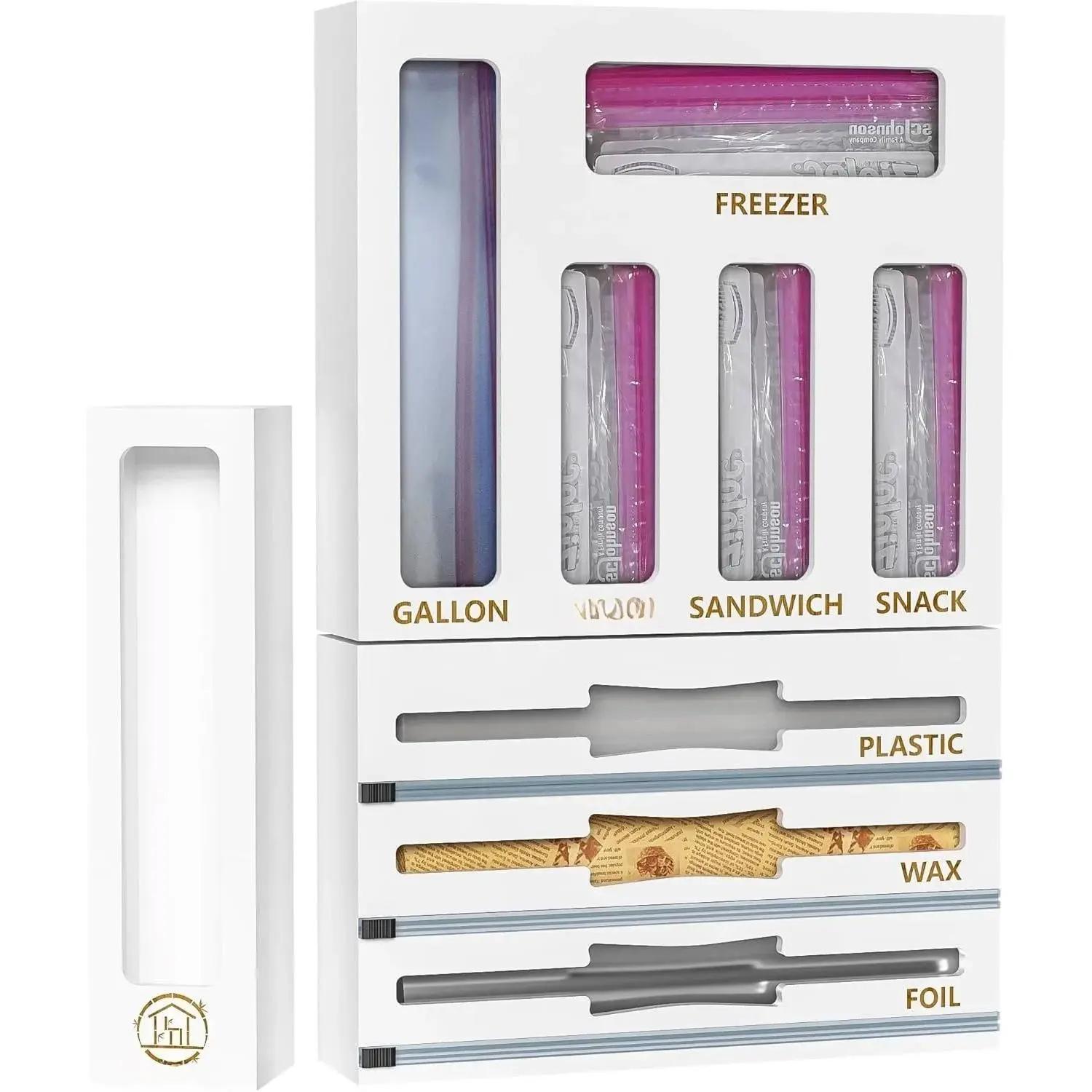 White Bamboo 9-in-1 Kitchen Storage Organizer Set - Drawer Bag Holder, Foil & Plastic Wrap Dispenser with Cutter, Fits Gallon, Quart, Sandwich & Snack Bags of All Brands, Ideal Gift