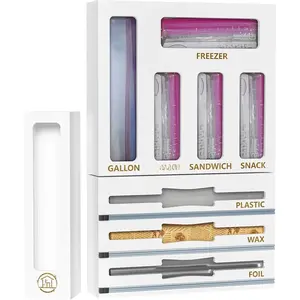 9 IN1 Bamboo Storage Bag Drawer Organizer with Cutter, Foil and Plastic Wrap Dispenser for Kitchen Storage Compatible with All Brands Gallon, Quart, Sandwich & Snack Size Bags - White