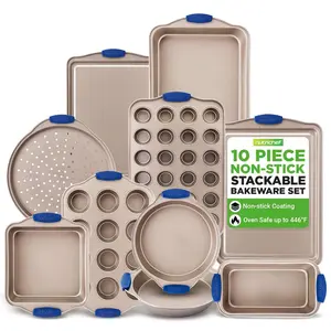 10-Piece Nonstick Bakeware Set | Carbon Steel Baking Pan Set with Blue Handles & Cookie Sheet - Oven-Safe & Freezer Safe - Stackable Design - Home Kitchen Baking Essentials for Everyday Use