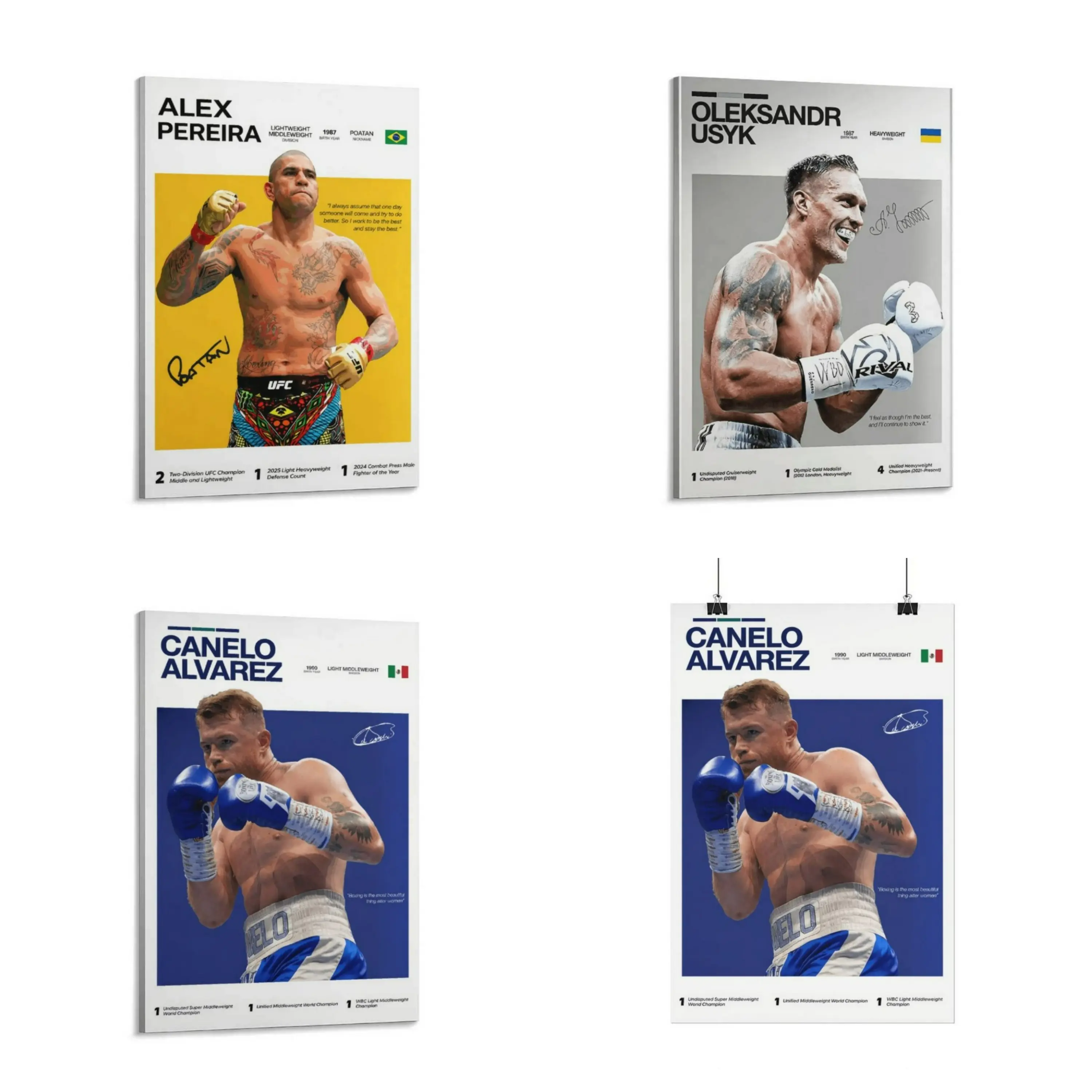 Artistic Boxing & UFC Stars Canvas Wall Print - Magazine-Style Photo with Print Design, Creative Artwork Feat. Canelo Alvarez, Usyk, Alex Pereira - Man Cave Decoration for Home Decor